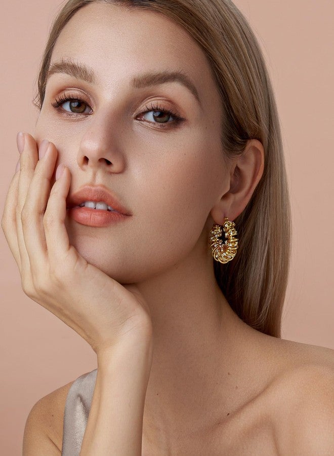 SNGIA 18K Gold Plated Chunky Curve Twisted Open Hoop Statement Stud Earrings with CZ for Women by SNGIA, Large Handmade Spiral Texture Braided Formal Trendy Hoop Jewelry Gifts, Big Circle Geometric Shell Beachy Vacation Fashion Hanging Earrings Accessories, Vintage Retro Thick Bohemian Nickle Free Circular Sun Dangle Earrings. - Image 4